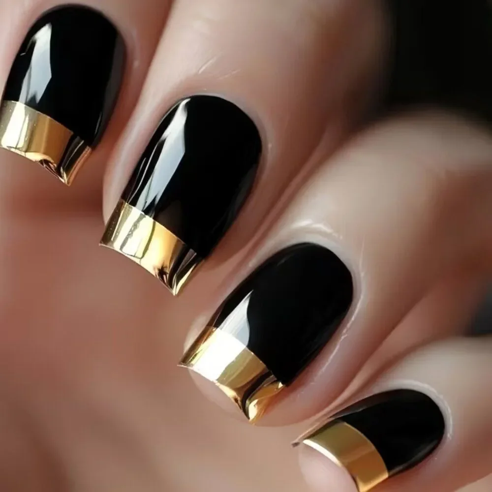 NWT 24pc Black Gold Metallic French Tip Press On Nails Medium Squoval Short